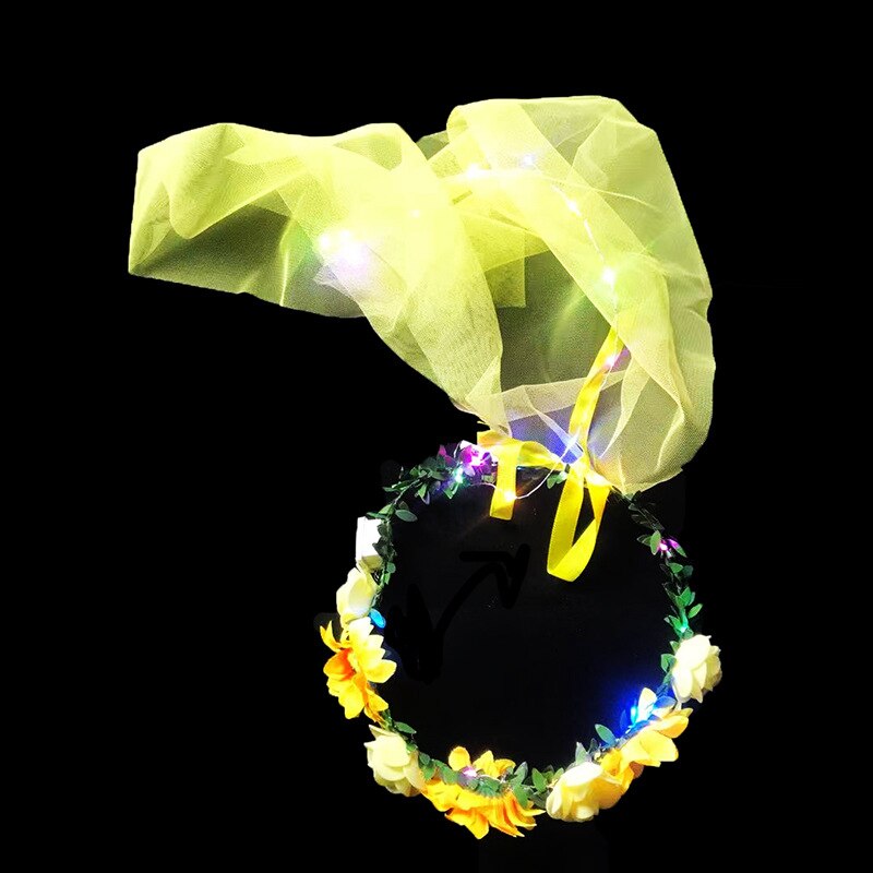 LED Flower Tulle Veil Headband Light Wreath Crown Women Girl Glow Party First Communion Wedding Luminous Festival Costume: yellow