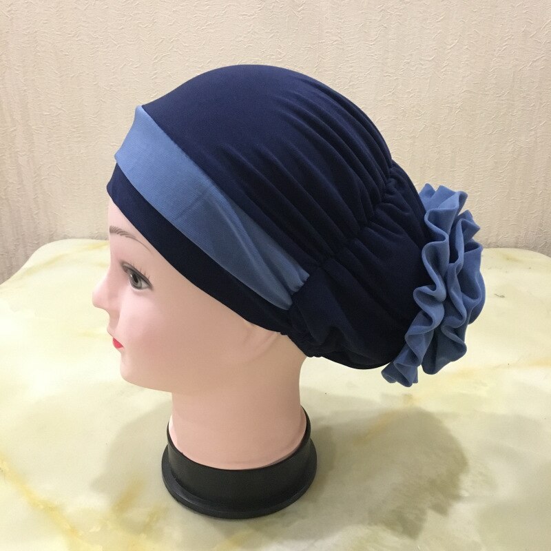Muslim Woman Casual Headdress Big Flower Headscarf Hat Hair Loss Cap Islamic Baotou Cap Chemo Hat Color Matching Hats Headwear: Navy Blue