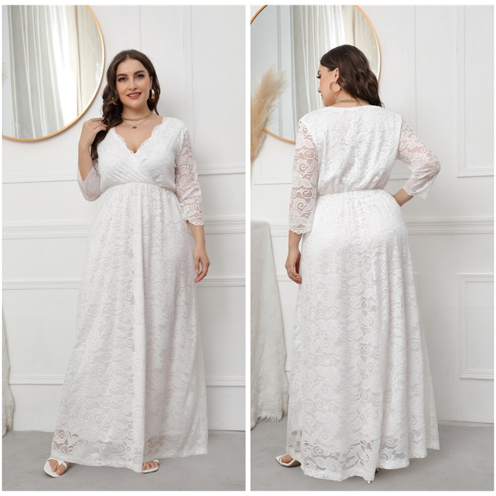 Spring European And American Style Plus Size V-Neck Evening Dress Hollowed Out Lace Dress For Women: 5XL / WHITE
