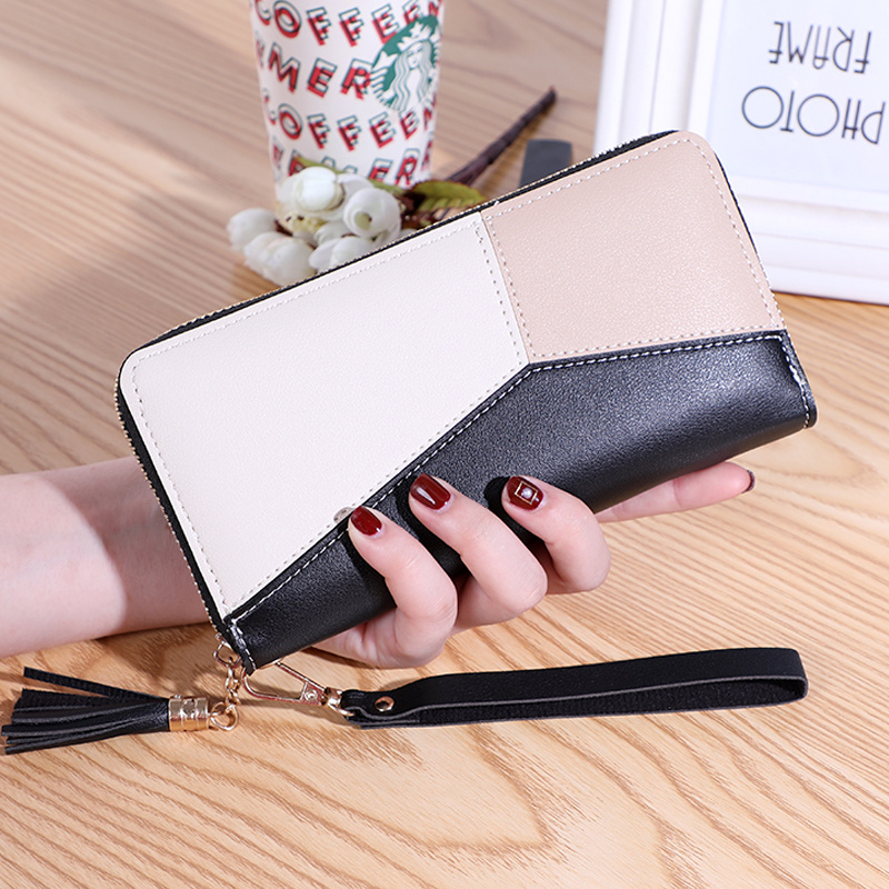 Women's Wallet Long Contrast Panel Zipper Tassel Large Capacity Wallet Mobile Case