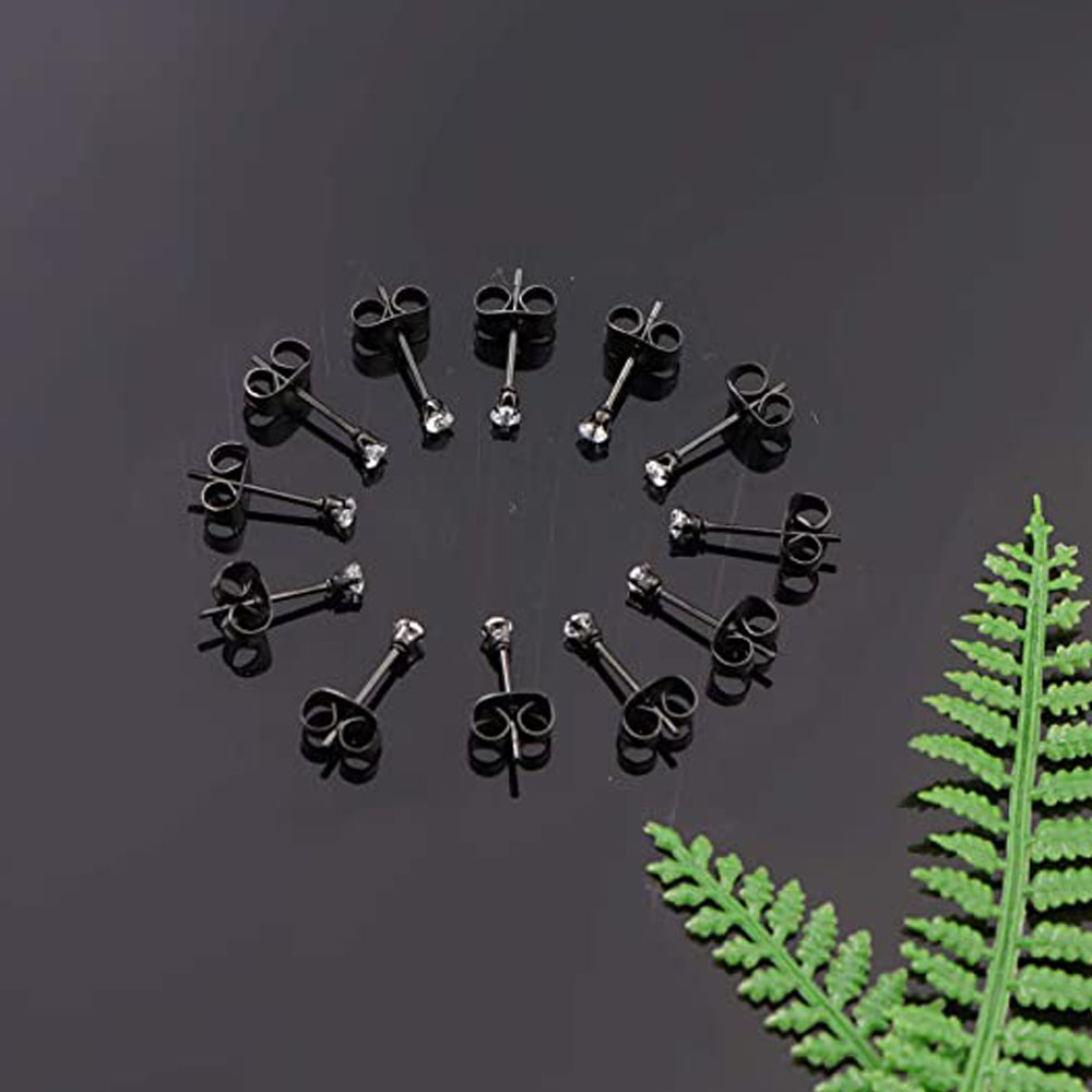 6 pares de aretes pequeños de acero inoxidable de 2 mm para hombre y mujer, aretes de bola redonda CZ, conjunto de