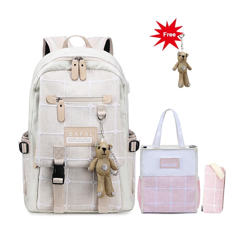 Grote rugzak voor dames van canvas, 15.6 inch, voor de middelbare school, met usb-oplaadpoort, lichtgewicht reistas voor dames: Crèmewitte set