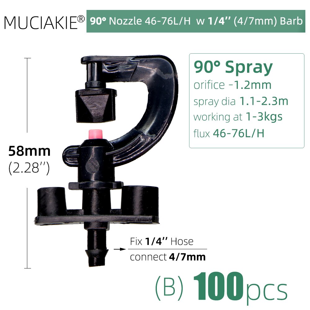100PCS 90 Degrees Sprinklers Garden Watering Irrigation Nozzle with 1/4&#39;&#39; Barb 6 Types Different Flux G Refraction Spray Heads: Bx100pcs