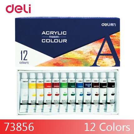 Deli 12/18/24 couleurs peintures acryliques pour l'école kid art fournitures résistance à l'eau ensemble de dessin papeterie aquarelles: 12 colors