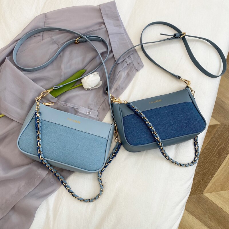 Patchwork Jean Vrouwen Tas Denim Handtas Zachte Pu Lederen Ketting Schoudertassen Panelled Twee Schouderbanden Crossbody tas