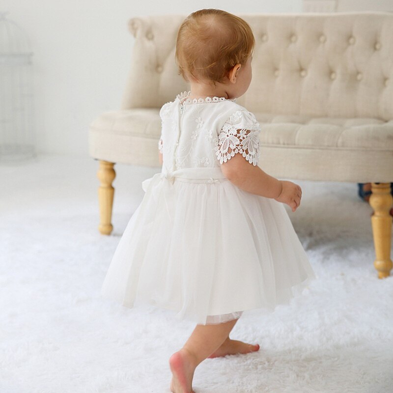 Baby flicka dopklänning vit spets första födelsedag dop klänning spädbarn kläder 6150bb