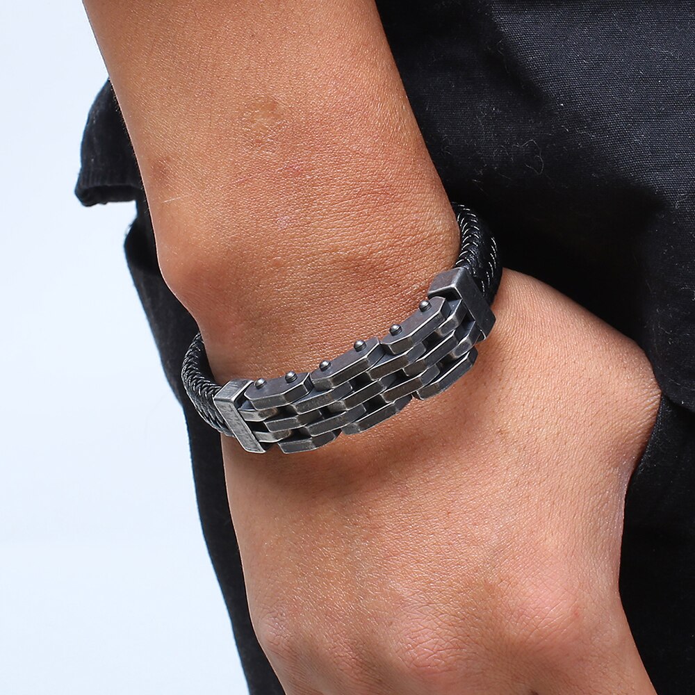 Vintage Handgemaakte Mannen Lederen Armband Voor Mannen Rvs Heren Armbanden Biker Sieraden Gratis Logo Naam Graveren Maken