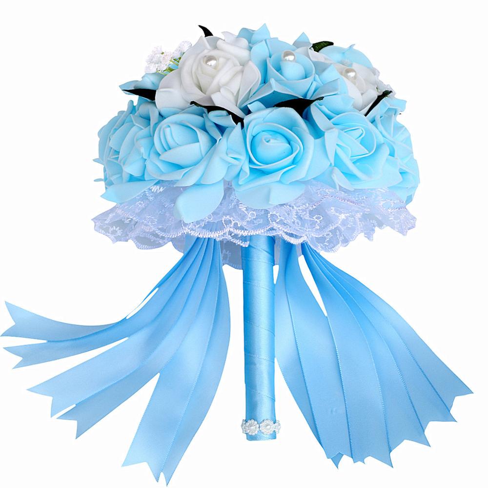 Ramo de novia Artificial Simple de 9 colores para dama de honor con flores de espuma PE ramo de rosas de boda hecho a mano decoración de FW007B: baby blue