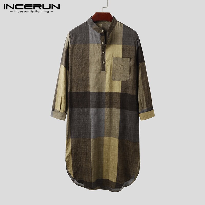 Incerun Moslim Mannen Islamitische Kaftan Lange Mouwen Stand Kraag Katoen Plaid Vintage Casual Robes Streetwear Caftan Mannen Jubba Thobe
