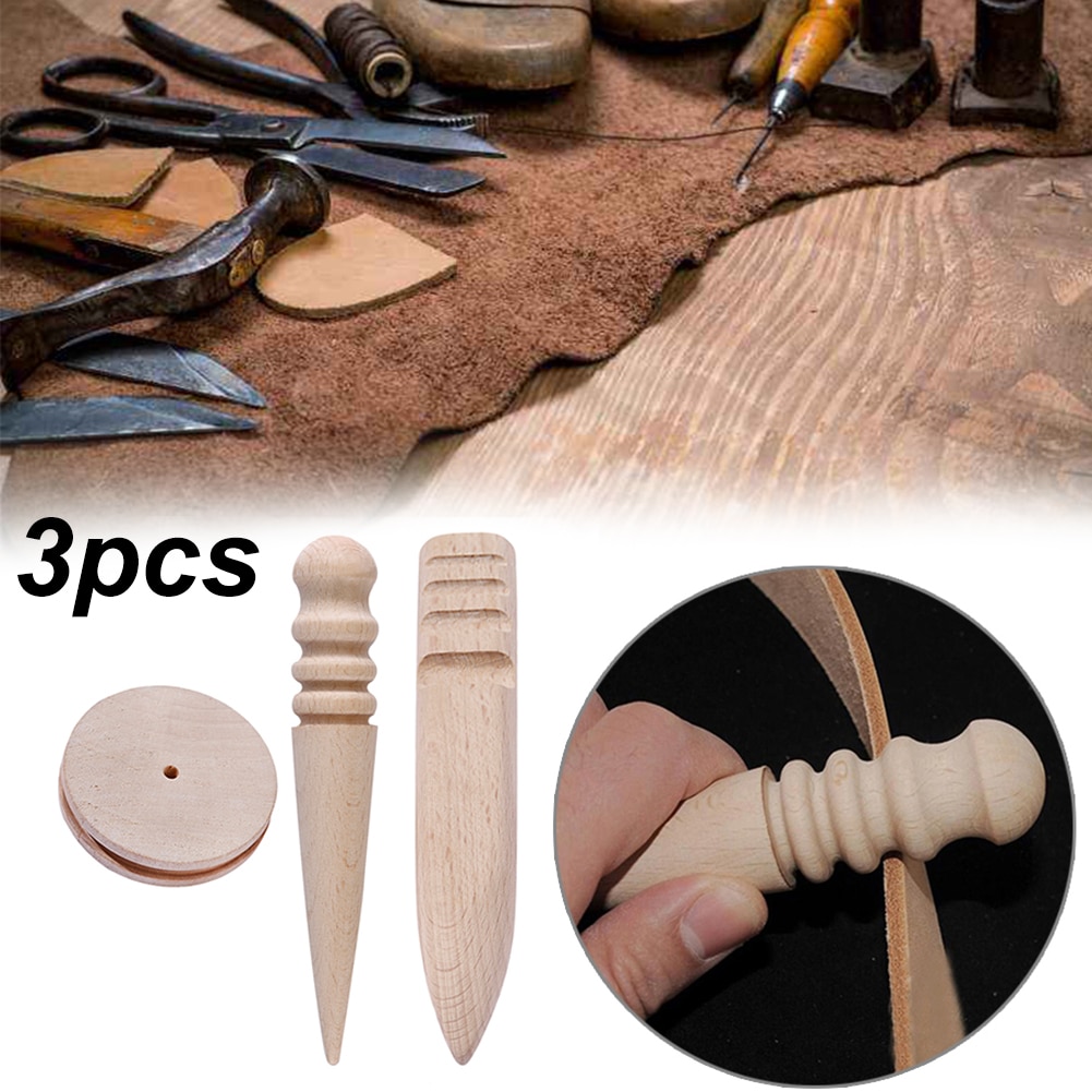 3 unids/set DIY de cuero artesanal de madera bruñidor con filo con ranuras Multi-Tamaño de madera maciza cuero rebanador Rod cuero Craft herramientas