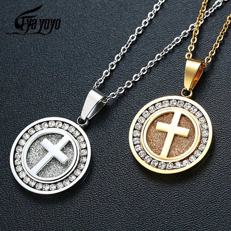 EyeYoYo Hip hop Zircon Cross Round Necklace Men Shine Party Pendant Necklace 316L Stainless Steel Trendy Jewelry