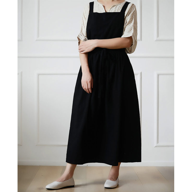 Japanese Apron Pinafore Dress Korean Work Gown Apricot with Long Waist Tie for Women Kitchen Cooking Baking Robe TJ3648: Black