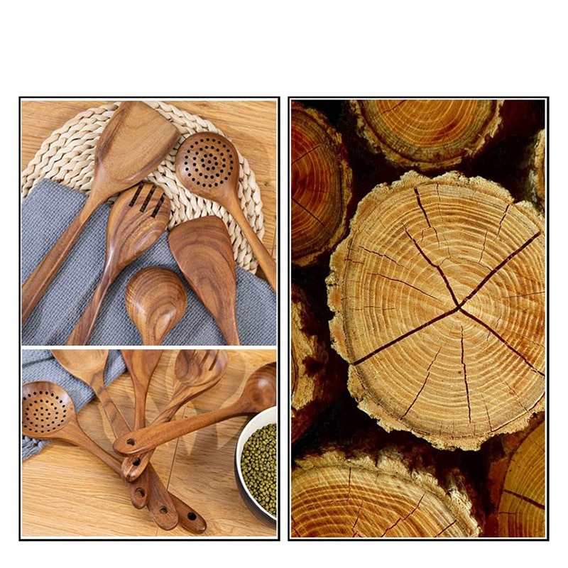 Kjøkkenutstyr av tre til kjøkken, med oppbevaringsbøtte, for matlagingsverktøy for nonstick kokekar, naturlig teak tre ,6 stk