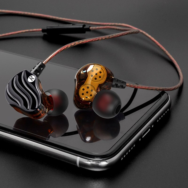 Dubbele dynamische driver oordopjes 3.5mm in-ear oordopjes 4 speakers hifi bas stereo sport oordopjes met microfoon