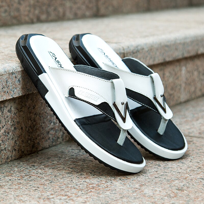 Flip flops mænd sommer strand sandaler herre læder hjemmesko slides udendørs mand flade sko klipklapper chanclas hombre hvid