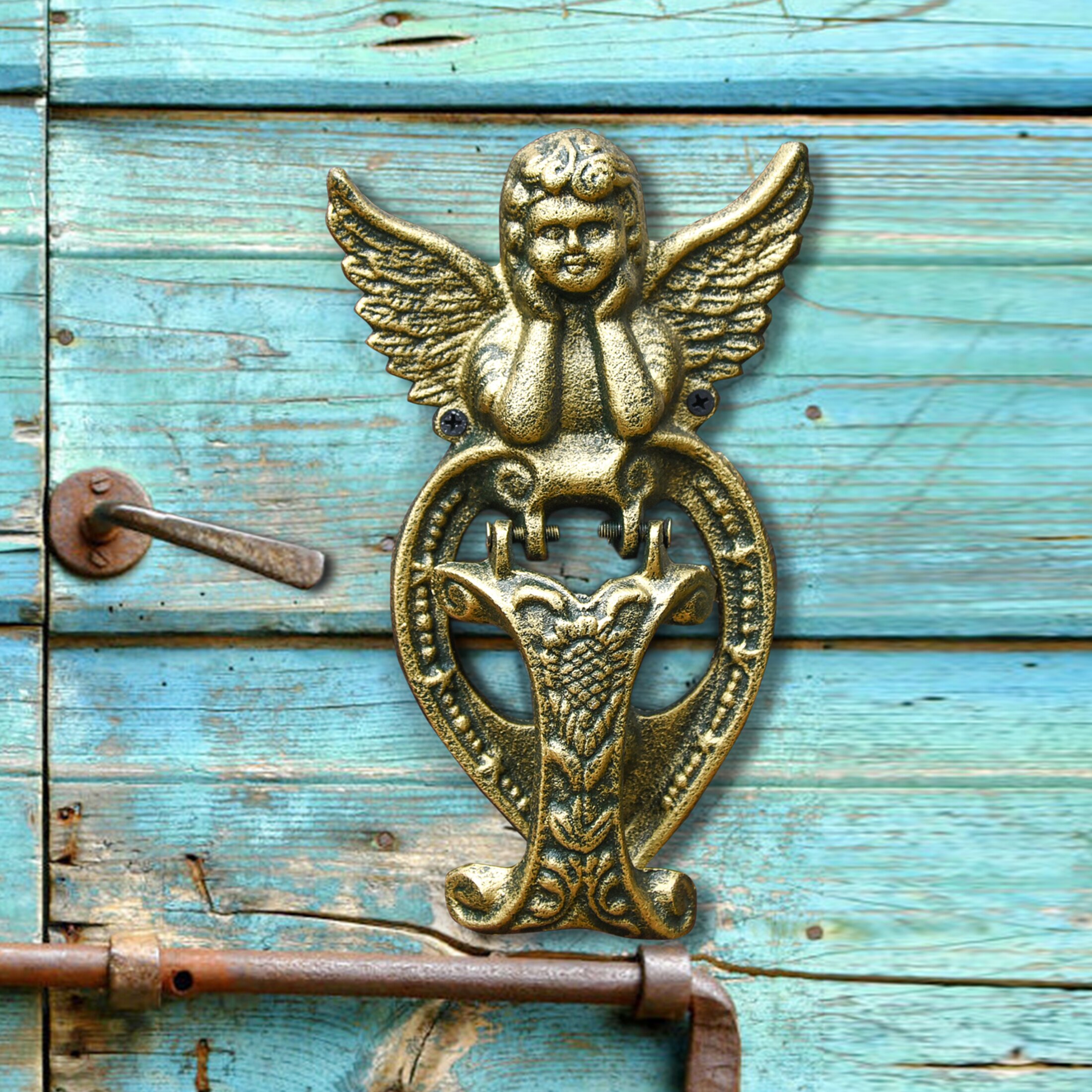 Sungmor-golpeador de puerta de hierro fundido resistente, en forma de Ángel encantador y Color dorado Vintage, resistente al agua y decorativo