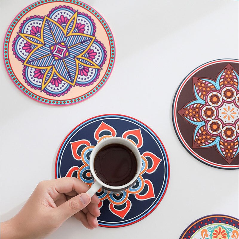 Exotische Bekerhouder Pad Mandala Ronde Silicone Soft Bar Coaster Beker Onderzetters Braadpan Pad Anti Mat placemat