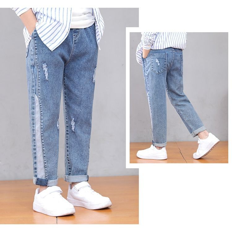 Spring Denim for Boys Solid Ripped Children's Jeans Elastic Waist Jeans Kids Boys Casual Autumn Clothing for Boys 6~14 Years C79: 14