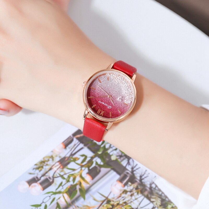 Scroll diamant dames casual leren dameshorloge quartz polshorloge sterrenhemel damesklok reloj mujer relogio feminino: Rood