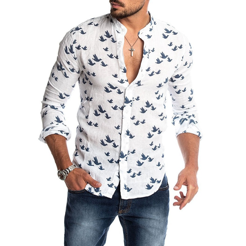 Bird Printed Linen Shirt For Women Casual Stand Collar Short Sleeve Summer Shirts White Male Blouse Men's Clothing