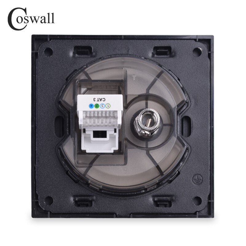 Coswall Aluminum Panel Female TV Connector With CAT3 RJ11 4 Core Telephone Jack Wall Socket Knight Black R12 Series