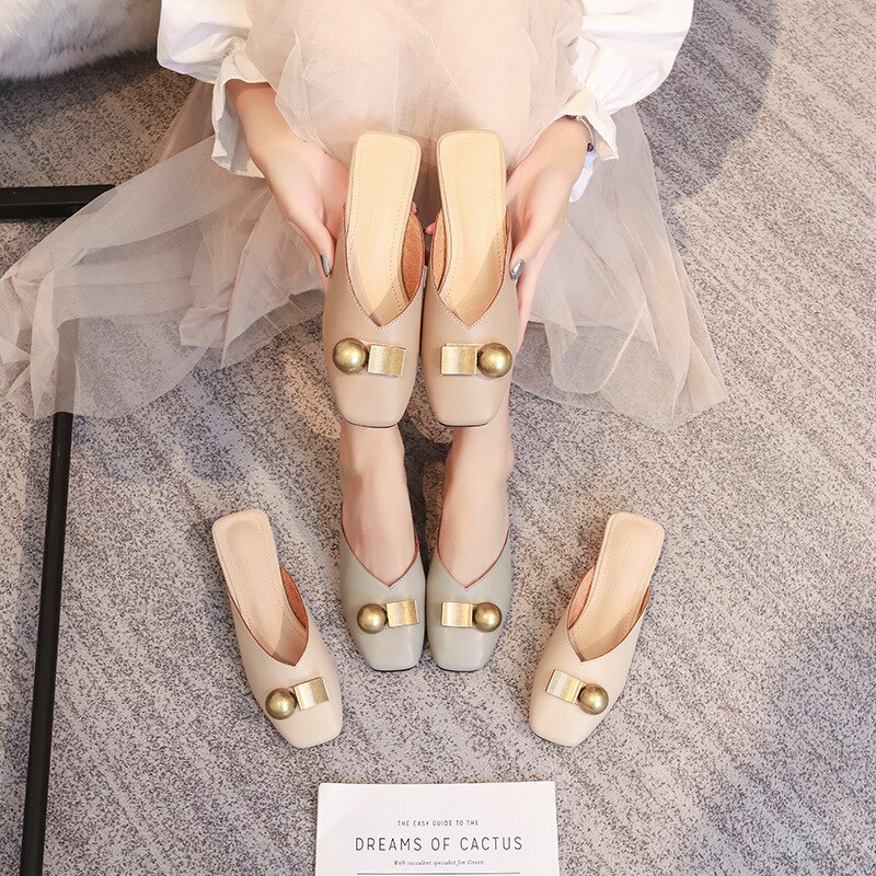 Femmes pantoufles sandales été en bois bloc talon sans lacet Mule talon chaussures décontractées métal boucle diapositives pantoufle