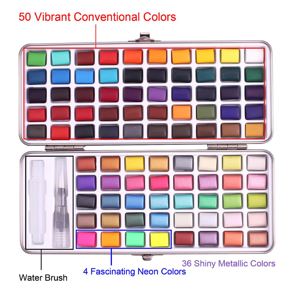 Aquarel Verf Set,50-100 Levendige Kleuren 36 Glitter Metallic Kleuren 4 Neon Kleuren-3 Water Borstel Pennen-1 Verf borstel