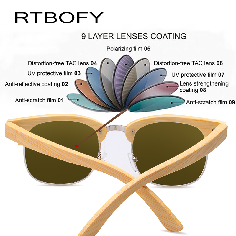 RTBOFY Hout Zonnebril Mannen Retro Trend Zonnebril Voor Mannen UV400 Vintage Gepolariseerde Zonnebril Eyewear Zonnebril