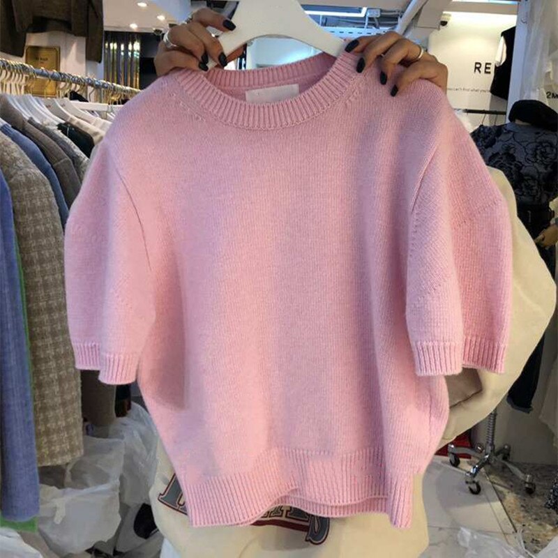 Nomikuma Korean Sweet Short Sleeve Knitted Pullovers Causal O-neck Women Sweater Spring Knitwear Jumpers 6F273