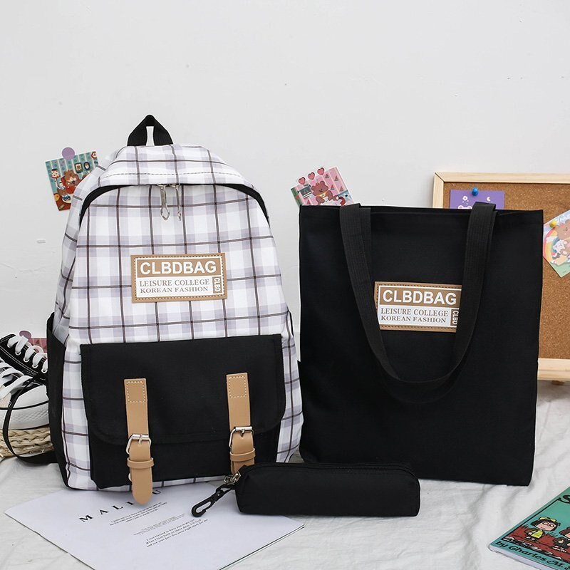 Puimentiua 4 Stks/set Rugzak Vrouwen Rugzak Canvas Schoudertassen Plaid Stijl Meisje Schooltas Vrouwelijke Student Rugzak Sets: black