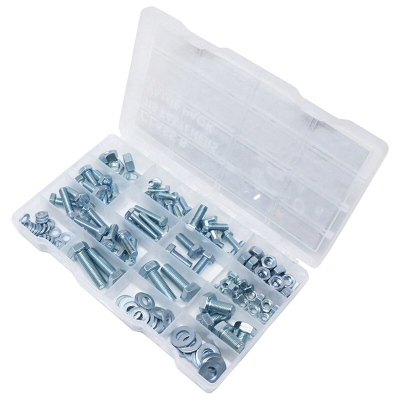 Hex Bolt M6 M8 M10 and Hexagon Nut and Washer Set, 128 Pieces