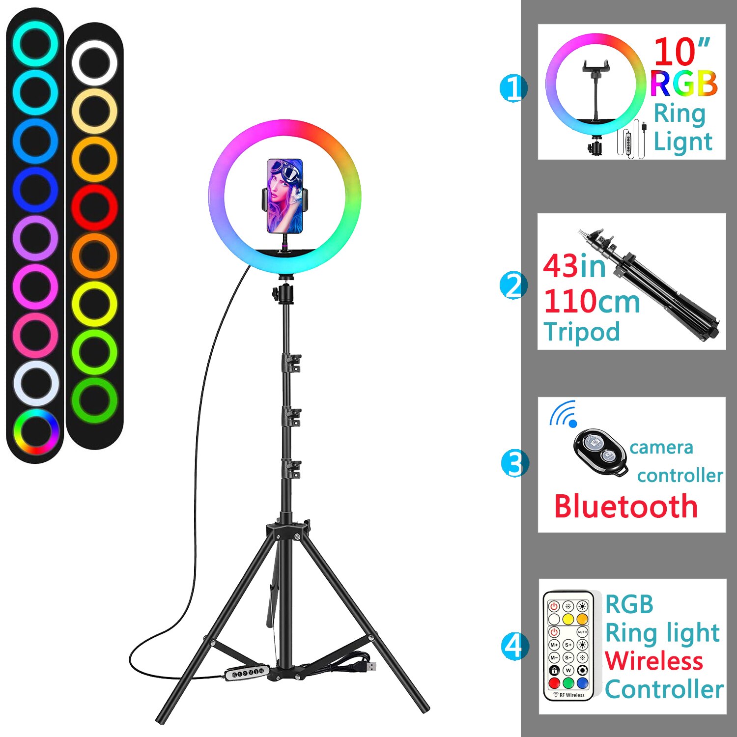 10in Rgb Led Kleur Selfie Ring Licht Fotografie Ringlicht Telefoon Standhouder Cirkel Lamp Trepied Statief Vullen Licht Makeup: with 110cm Tripod