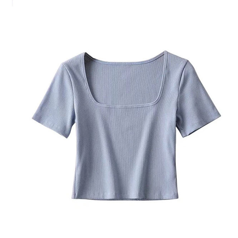Haut court côtelé à col carré pour femme, t-shirt à manches courtes