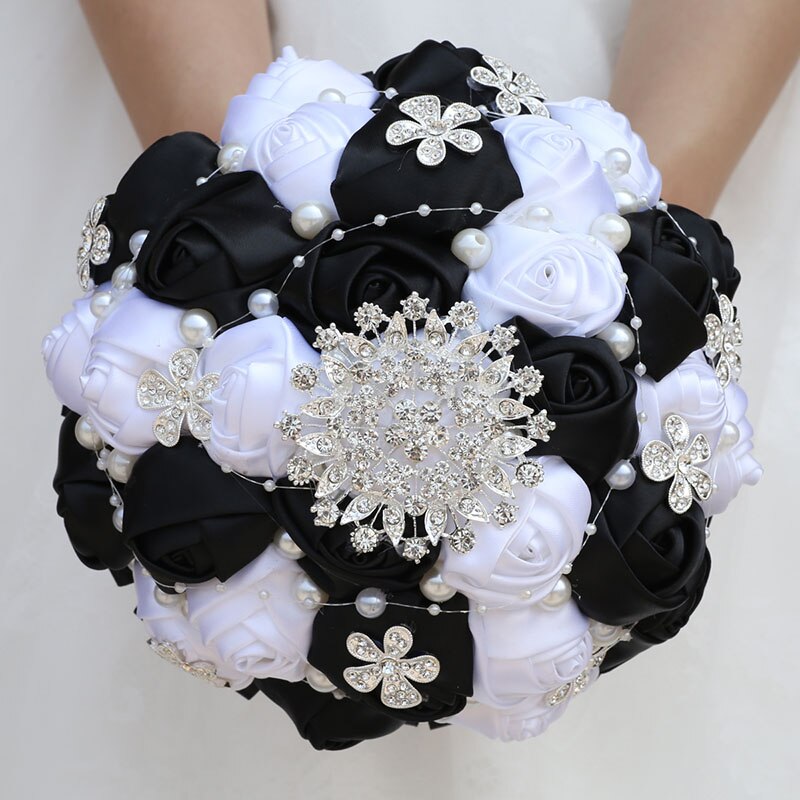 Handmade Ribbon Wedding Rose Flowers Rhinestone Bridal Bouquets Pearl Bridal Holding Bouquet Fleur Artificielle Mariage W224D: 18cm black white