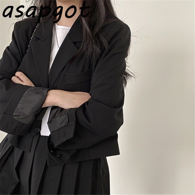 Blazer negro y trajes de falda para mujer, traje de manga larga con solapa a rayas, chaqueta, Falda plisada a la , conjunto de 2 piezas