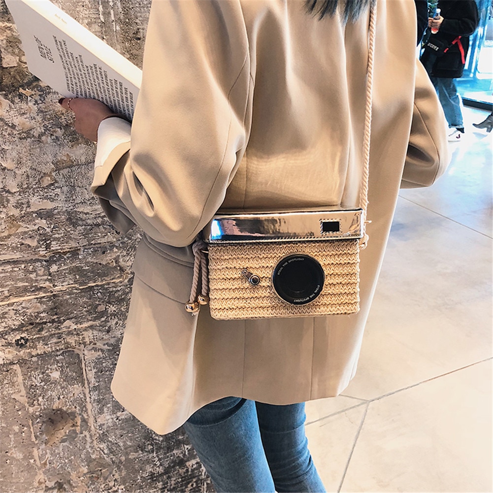 Woman Girl Mini Straw Weaving Crossbody Bag Korean Style Camera Shaped Travel Phone Bag Outdoor Travel Packs: Khaki