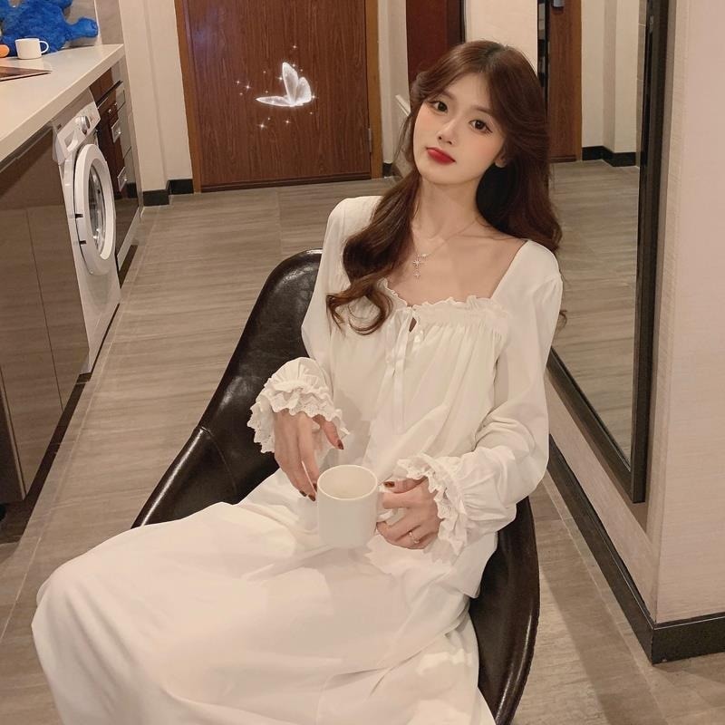 Kobiety robić połowy łydki koszule nocne jednolity kolor, w kwadraty, z kołnierzem z długim rękawem sznurkiem falbany luźna w stylu retro nowa elegancka francuska zwykły Ulzzang Sznurówka