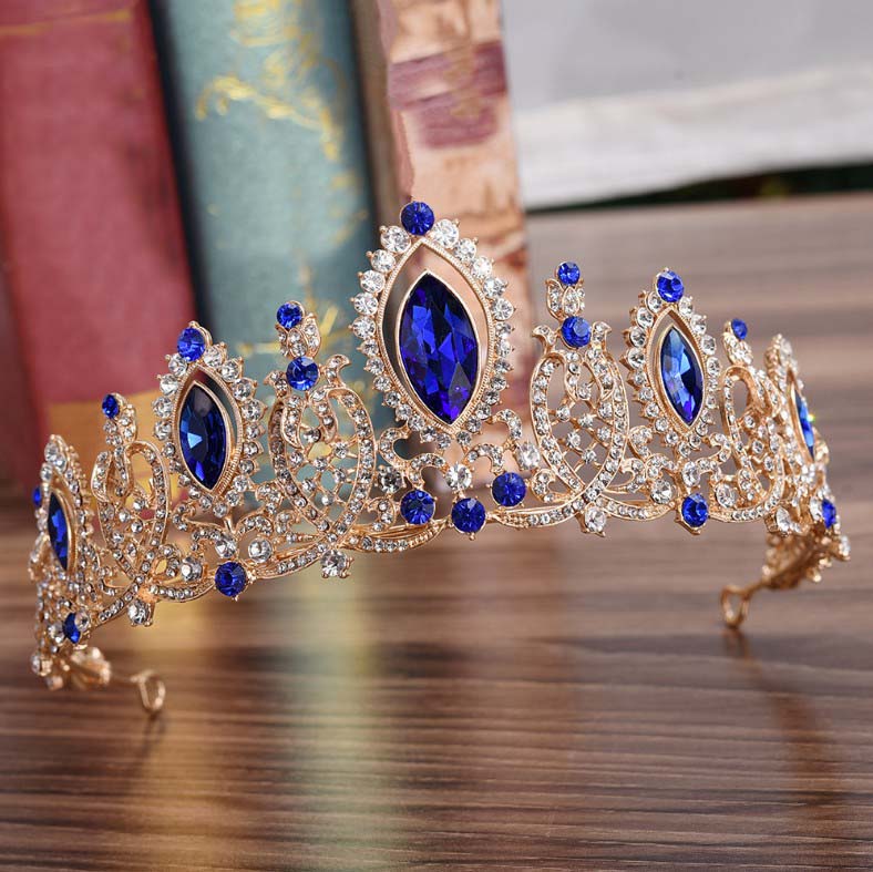 Baroque Luxury Handmade Rhinestone Bridal blue Crystal Big Crown Tiaras Diadem for Bride Headbands Wedding Hair Accessories