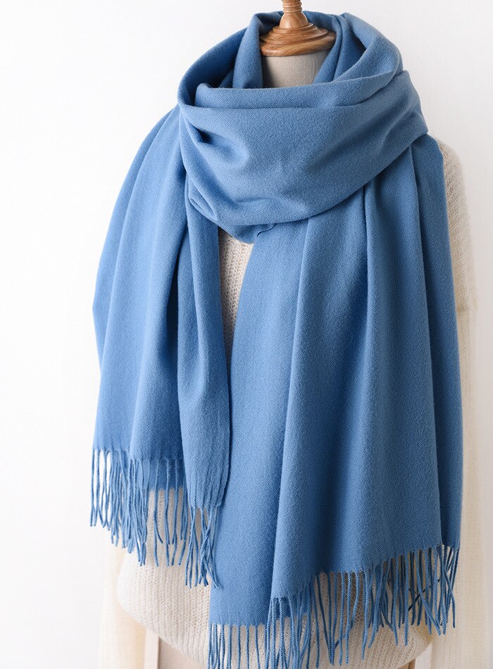 JulyPalette Solid Color Cashmere Scarf For Women Autumn Tassel Lady Long Shawls Pashmina Scarf Winter Warm Thicken Wool Scarves: Blue