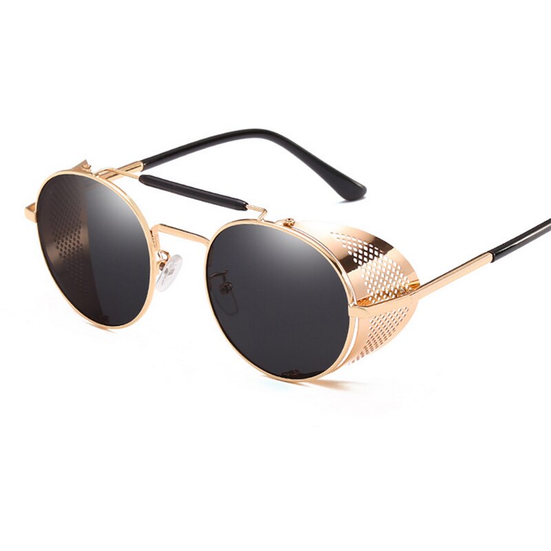 Retro Round Steampunk Sunglasses Men Women Side Shield Goggles Metal Frame Gothic Mirror Lens Sun Glasses: GOLDEN BLACK