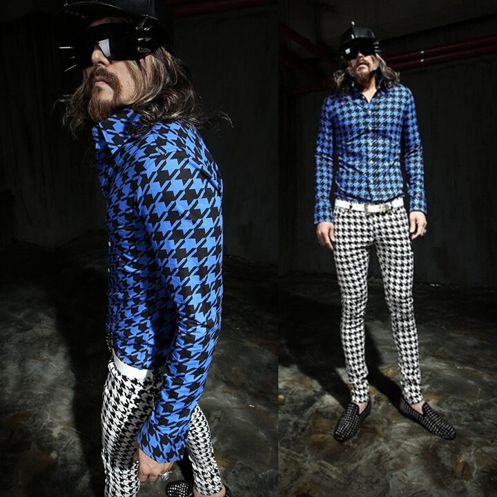 M-xxl! heren gd dj lente heren overhemd wit pied-de-poule slank overhemd met lange mouwen slank podium zanger kostuums kleding