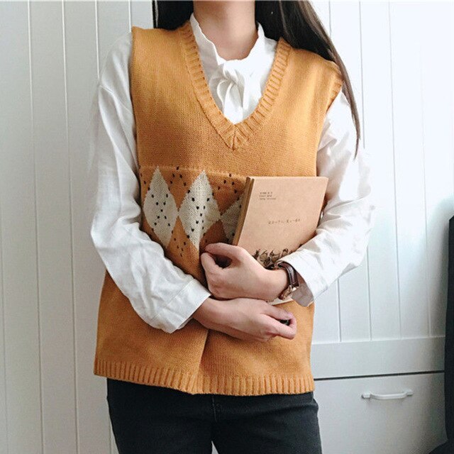 Gebreide Trui Vrouwen Argyle Oversize Truien Koreaanse Truien Dames Winter Losse Truien Vrouwelijke Casual Jumper Ropa De Mujer: lqy058 yellow vest