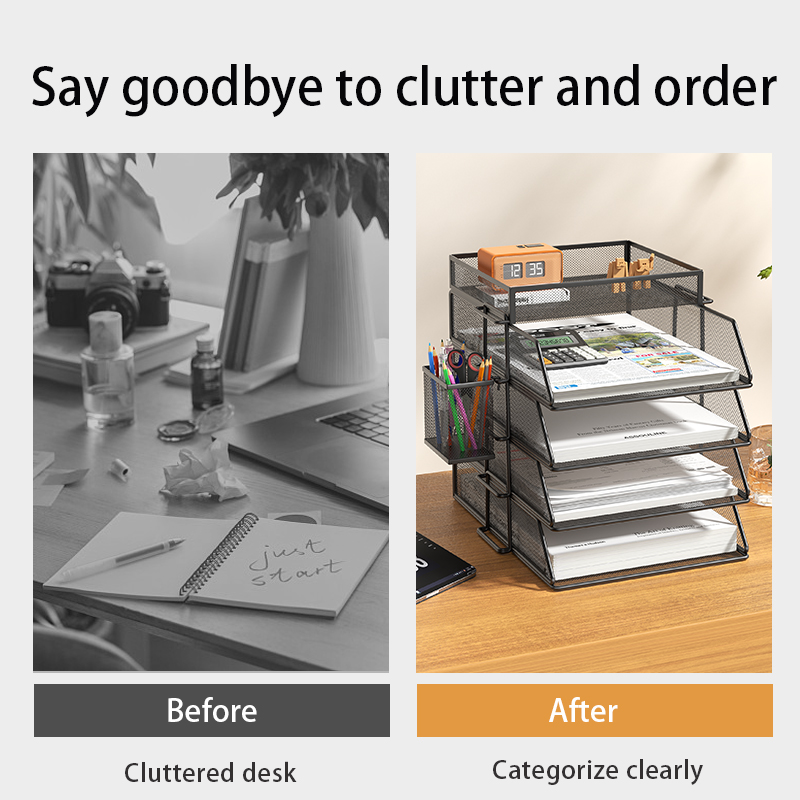 4 Tier Desk Organizer - Stackable Paper Tray, Paper File Organizer for Desk, 5 Trays Mesh Stackable Paper Tray Desktop Document