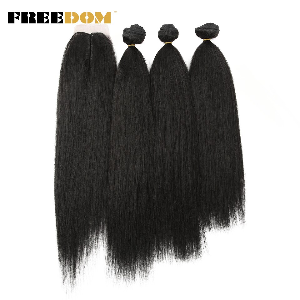 FREEDOM-mechones de pelo lacio Yaki de 18, 20 y 22 pulgadas, extensiones de cabello sintético con cierre de encaje, Marrón degradado: 1B