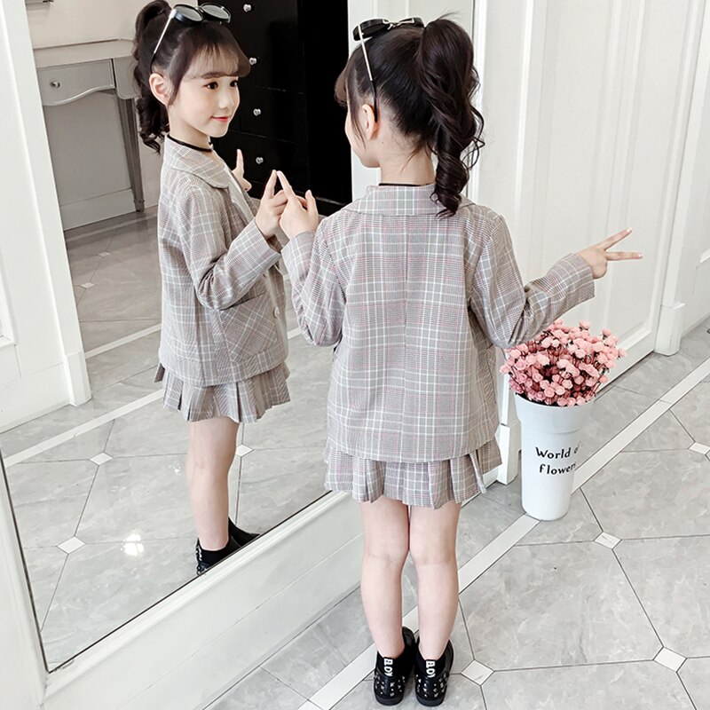 Girls Plaid Suit Set Kids Toddlers Spring Summer Clothes School Coat Jacket Children Cotton Blouse Pants Skirts