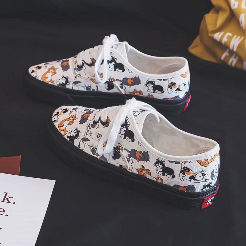 Schattig kattenpatroon dames casual espadrilles cartoon graffiti meisjes student sneakers dames zachte canvas jeugd schoenen plimsolls