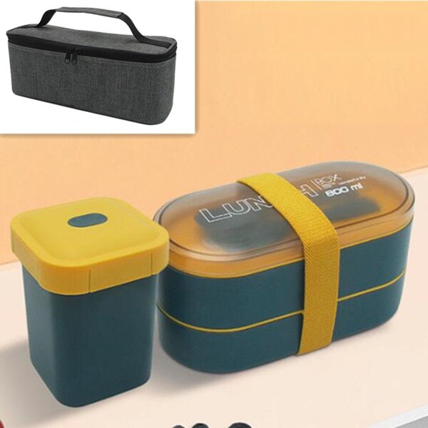 800ml Double Layer Lunch Box With Soup Cup Healthy Material Bento Boxes Microwave Food Storage Container Lunchbox: Blue Set