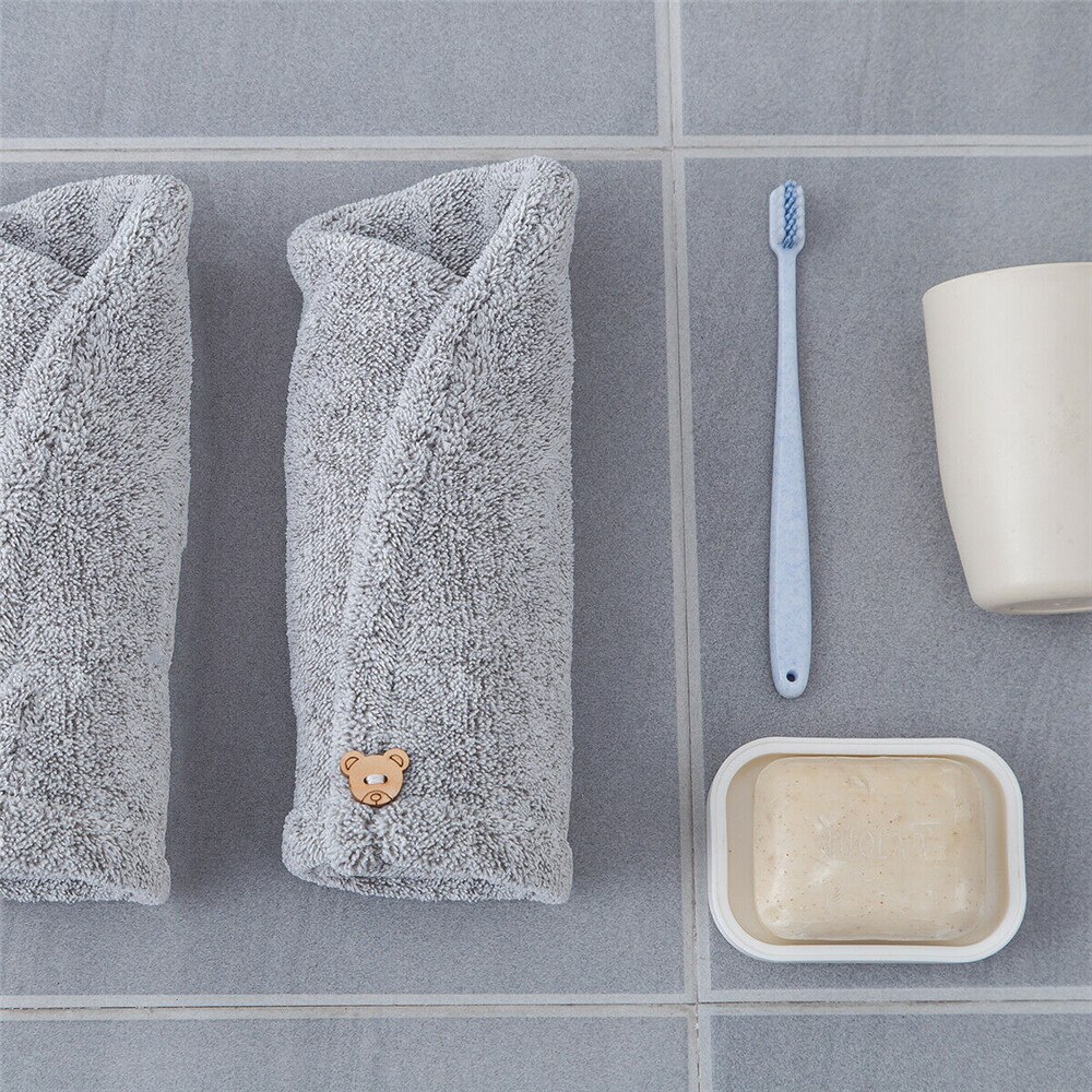 Bamboo Fiber Hair Towel Quick Dry Bath Shower Loop Button Head Turban Hat Cap