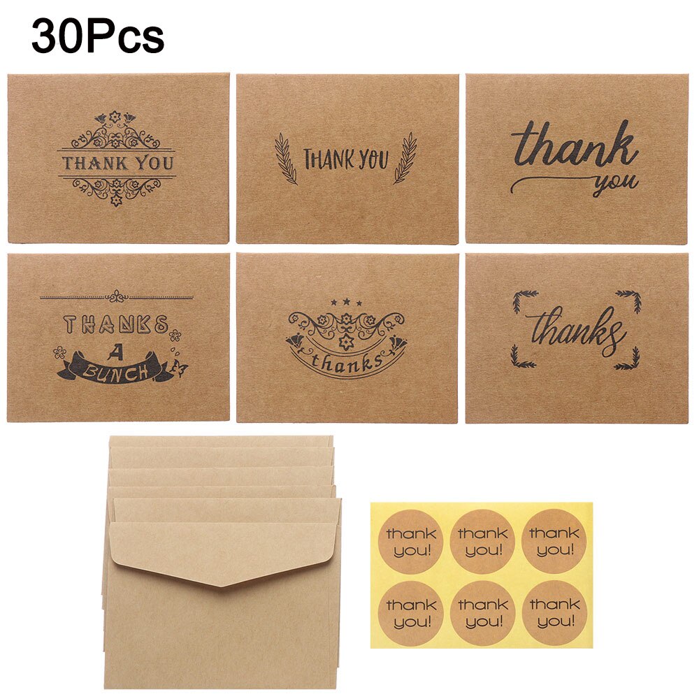 6 Styles Mixed Blank Thank you Cards Rustic Kraft Paper Craft Greeting Cards with Envelopes for Wedding Birthday Party: 30pcs per lot