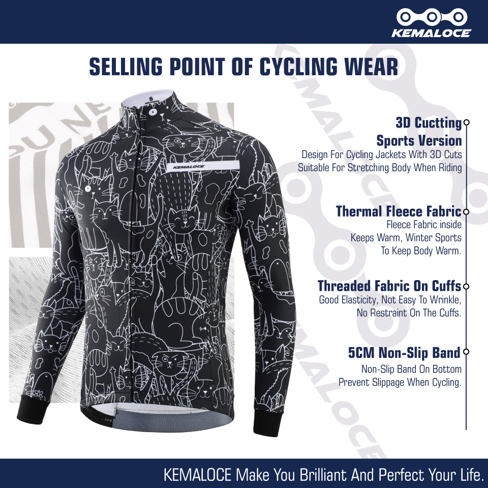 Kemaloce Winter Wielerjassen Heren Fleece Lange Mouwen High End Bike Jacks Zwart En Wit Thermisch Stof Mtb Fietskleding